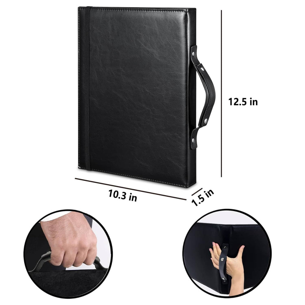 Black PU music folder with carry handle and hand strap, flat front design