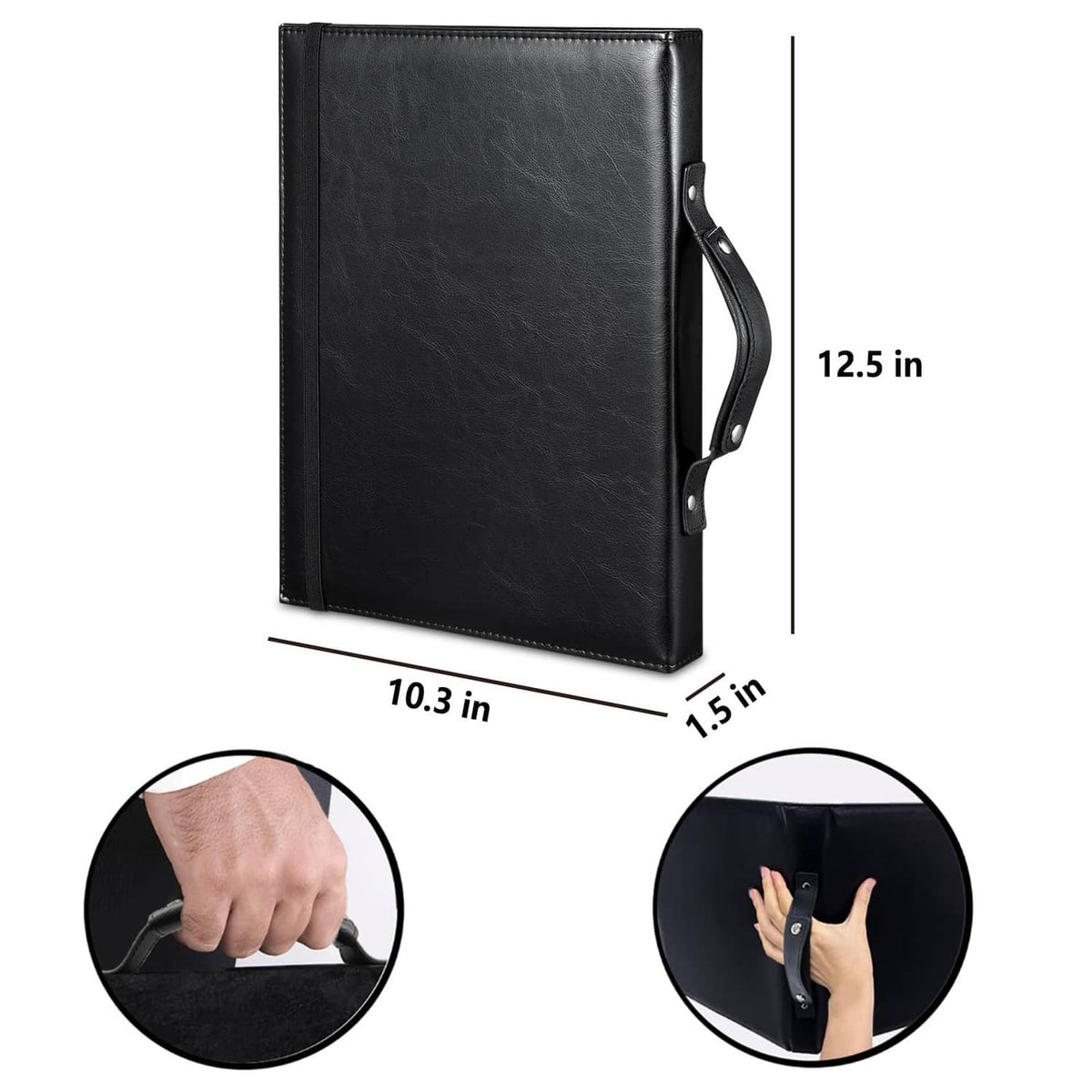 Black PU music folder with carry handle and hand strap, flat front design