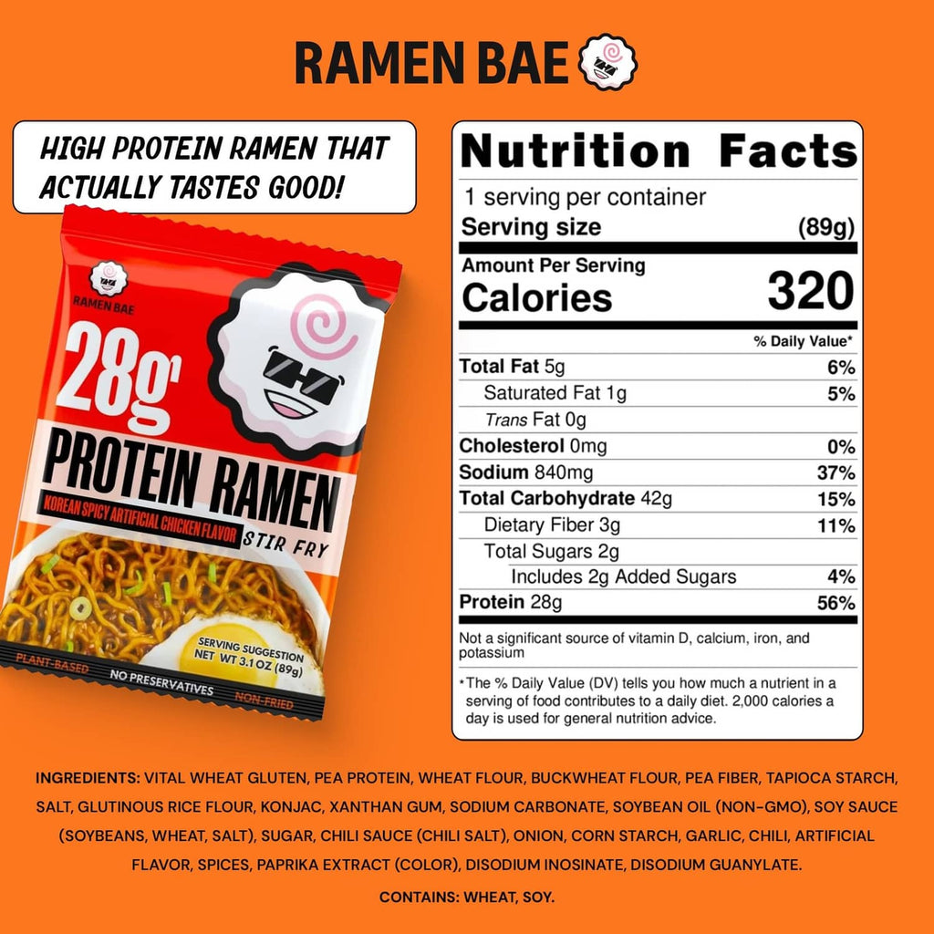 Protein ramen pack front with nutrition facts panel, 89g serving info