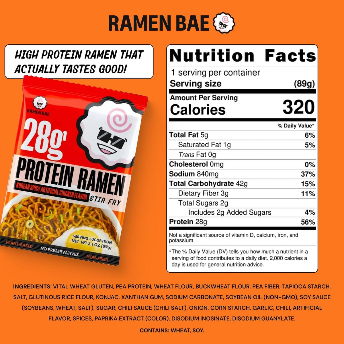 Protein ramen pack front with nutrition facts panel, 89g serving info