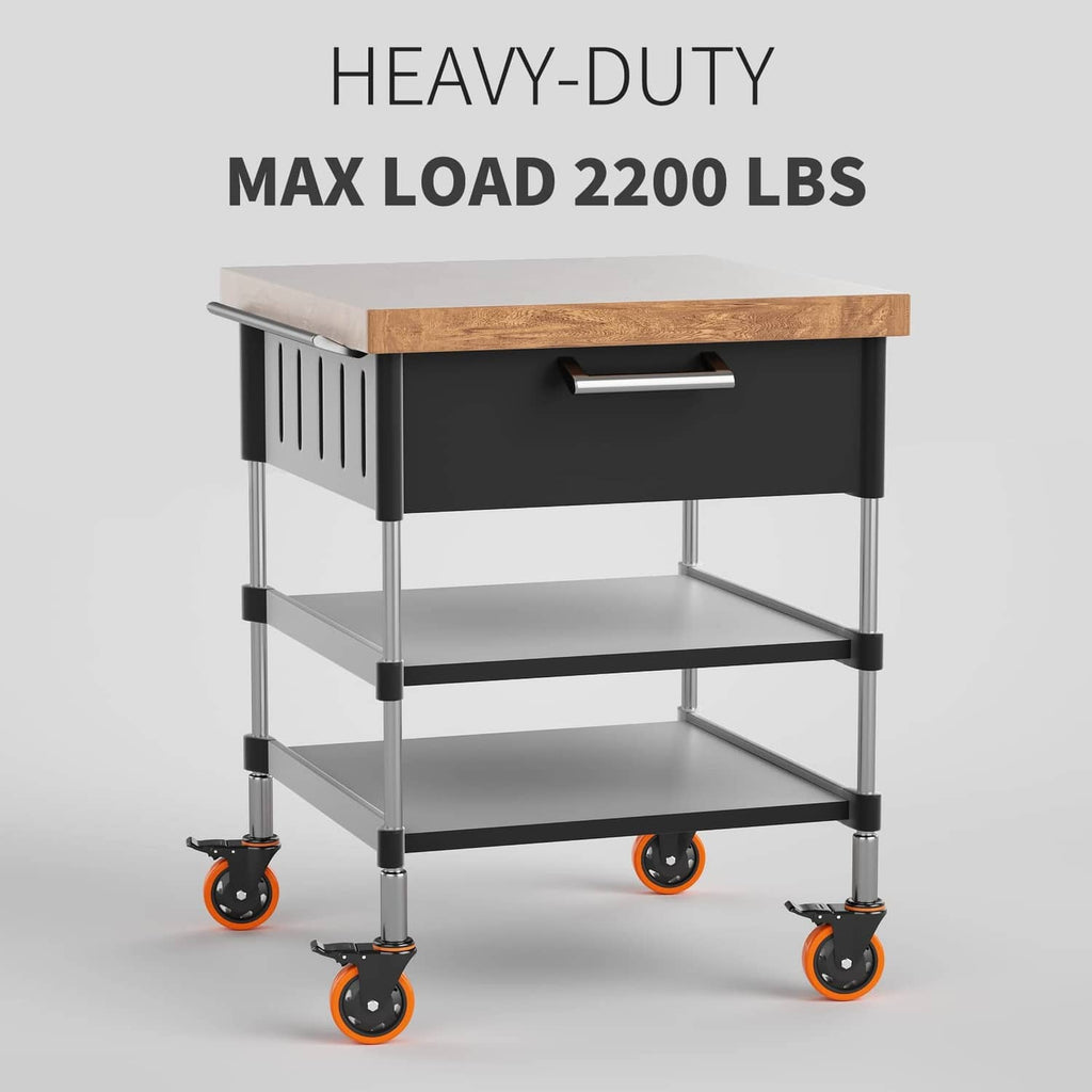 Rolling utility cart with four orange caster wheels and black threaded stems, heavy-duty setup