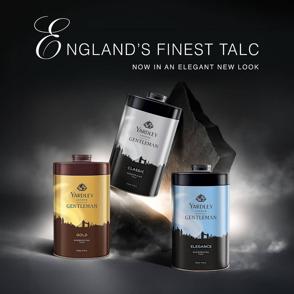 Assorted YARDLEY talcum powder canisters, Gentleman Classics in silver, gold, and blue