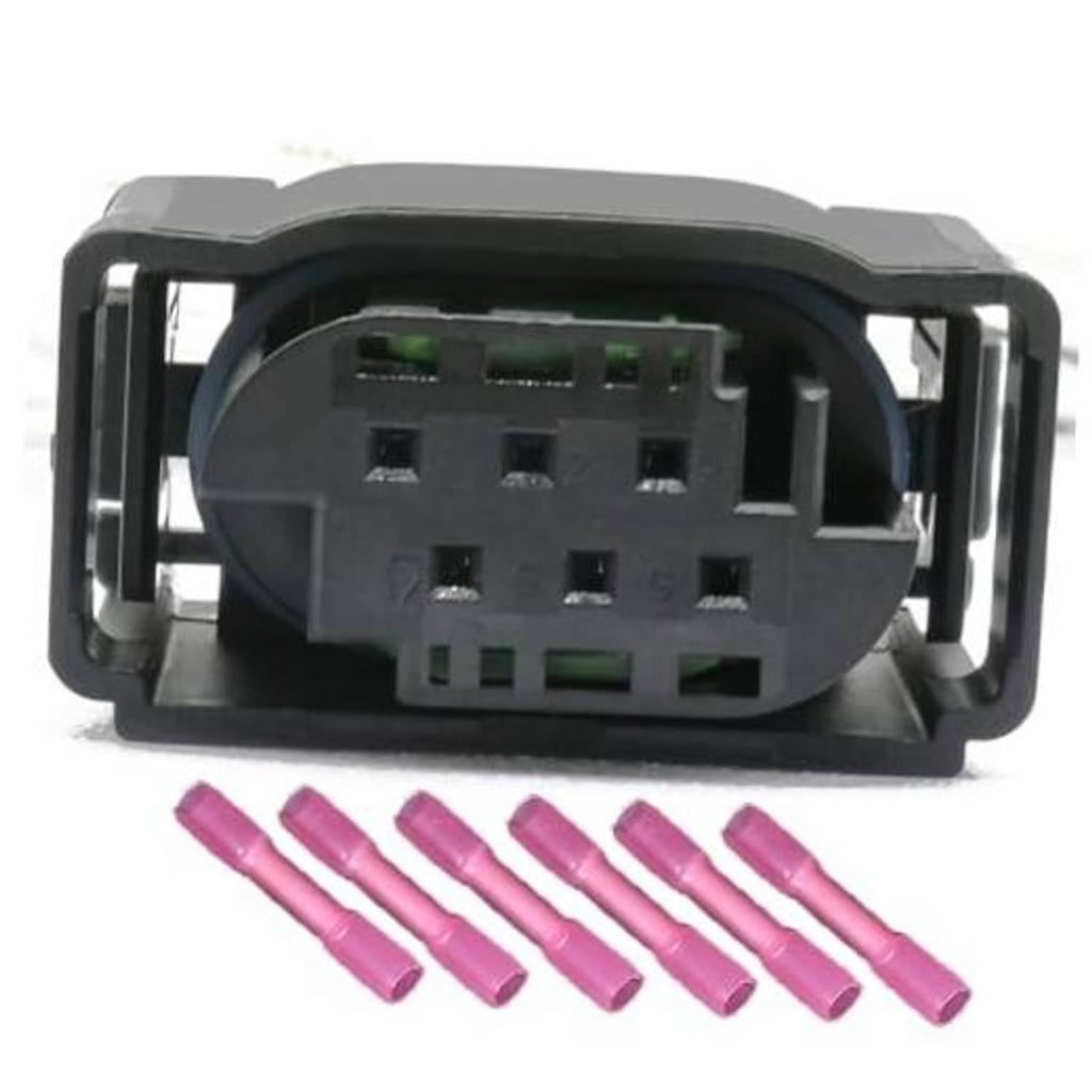Electronic throttle body wiring harness connector, black 6-pin plug with pink terminal leads