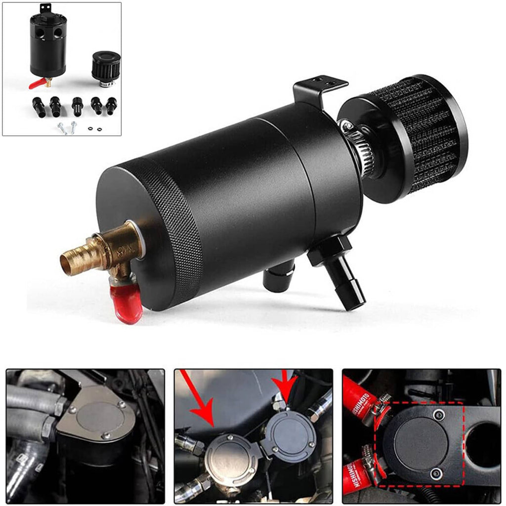 Black oil catch can reservoir with breather filter and outlet/inlet ports