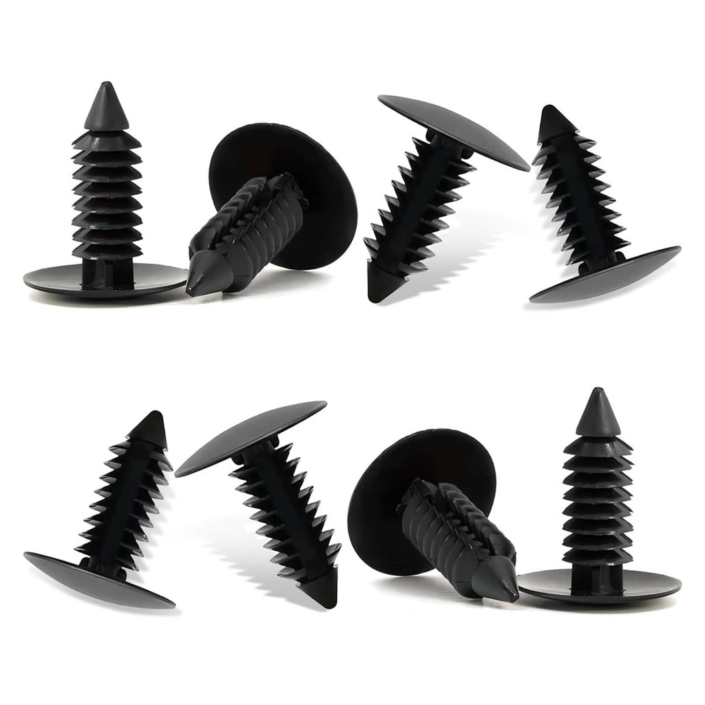 Set of 8 black plastic license plate hole plugs with ribbed screw-style heads
