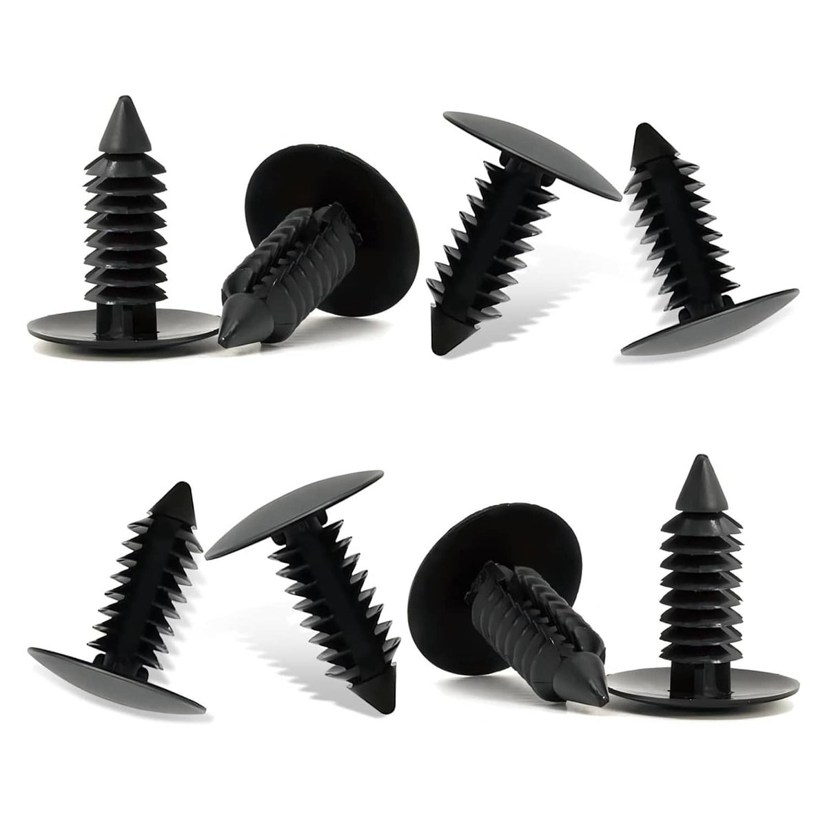 Set of 8 black plastic license plate hole plugs with ribbed screw-style heads