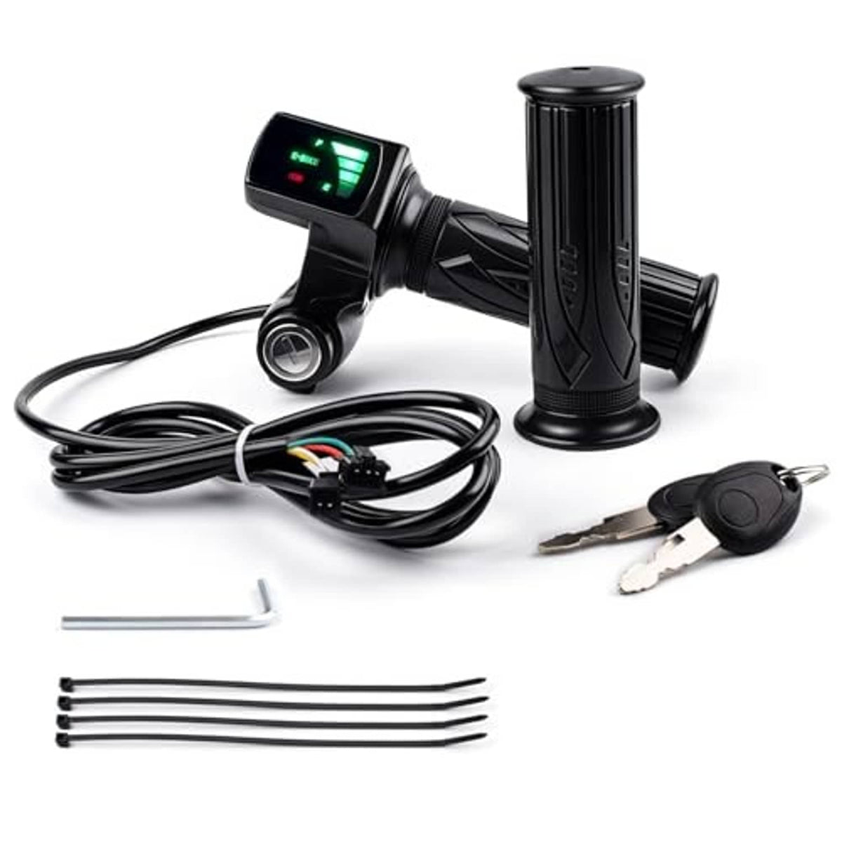 Black twist throttle grip with LCD screen, cable set, and key lock switch