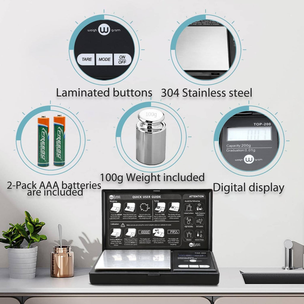 Black digital pocket scale with blue LCD display and front tare/mode buttons