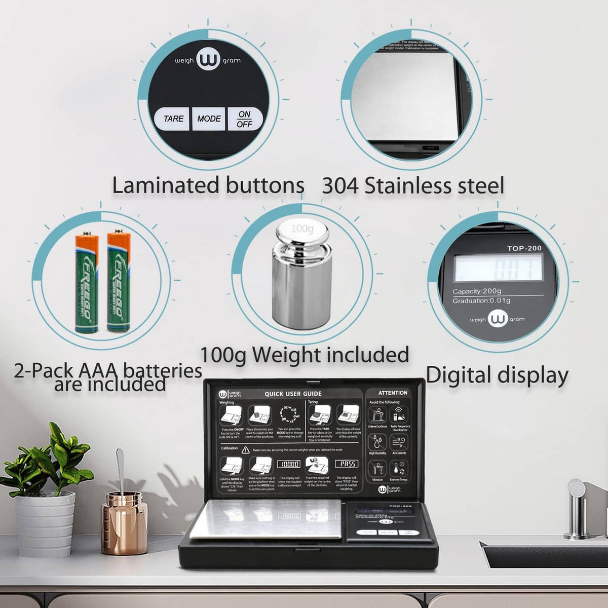 Black digital pocket scale with blue LCD display and front tare/mode buttons