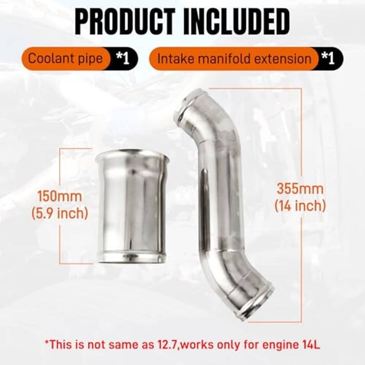 Coolant pipe kit parts: short sleeve and curved pipe section with dimensions.