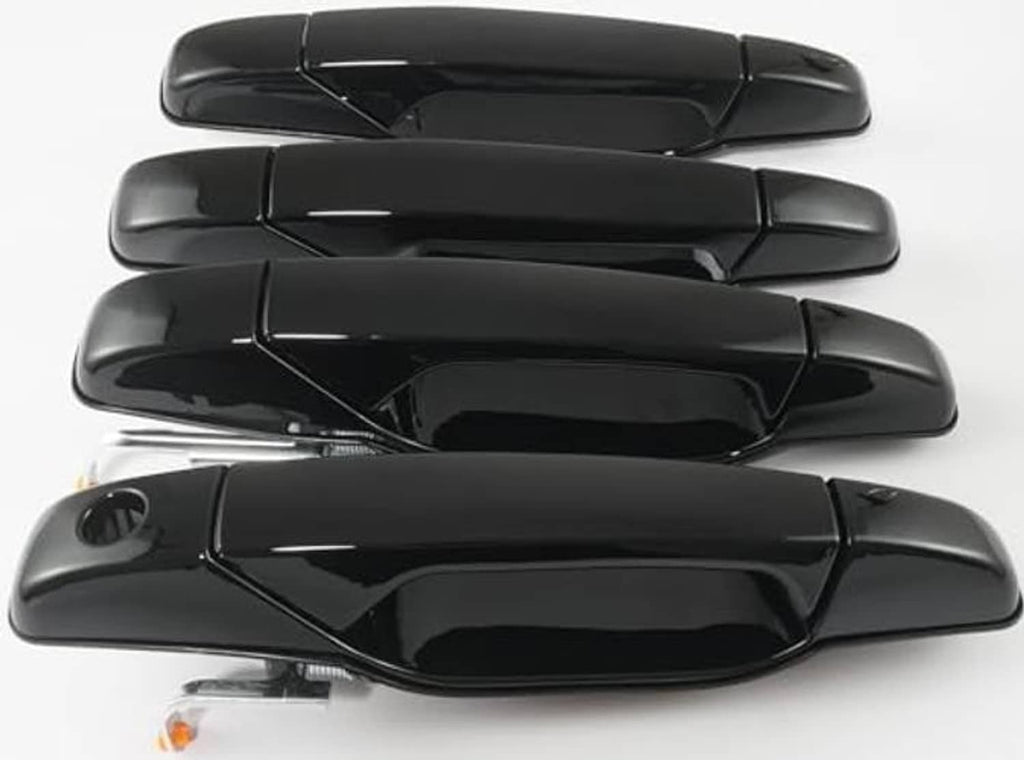 Four glossy black exterior door handles, side view with mounting holes visible