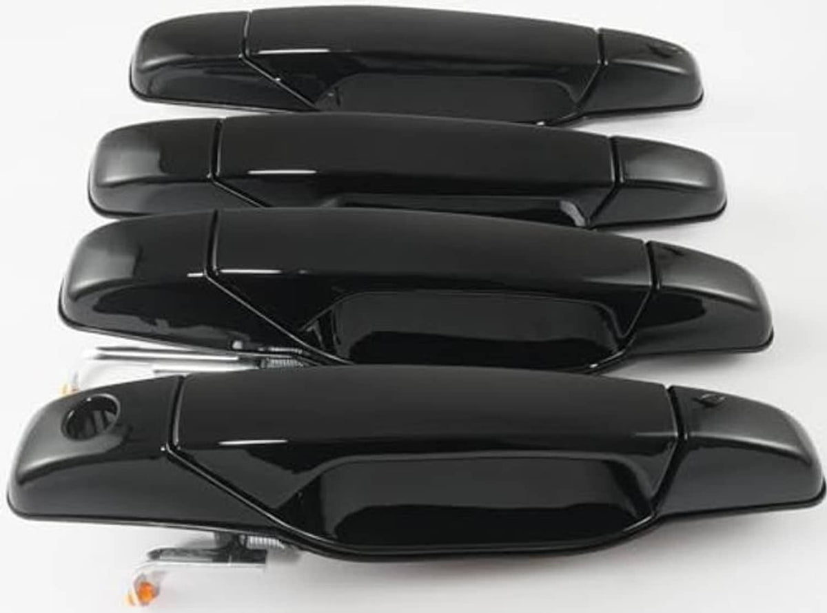 Four glossy black exterior door handles, side view with mounting holes visible