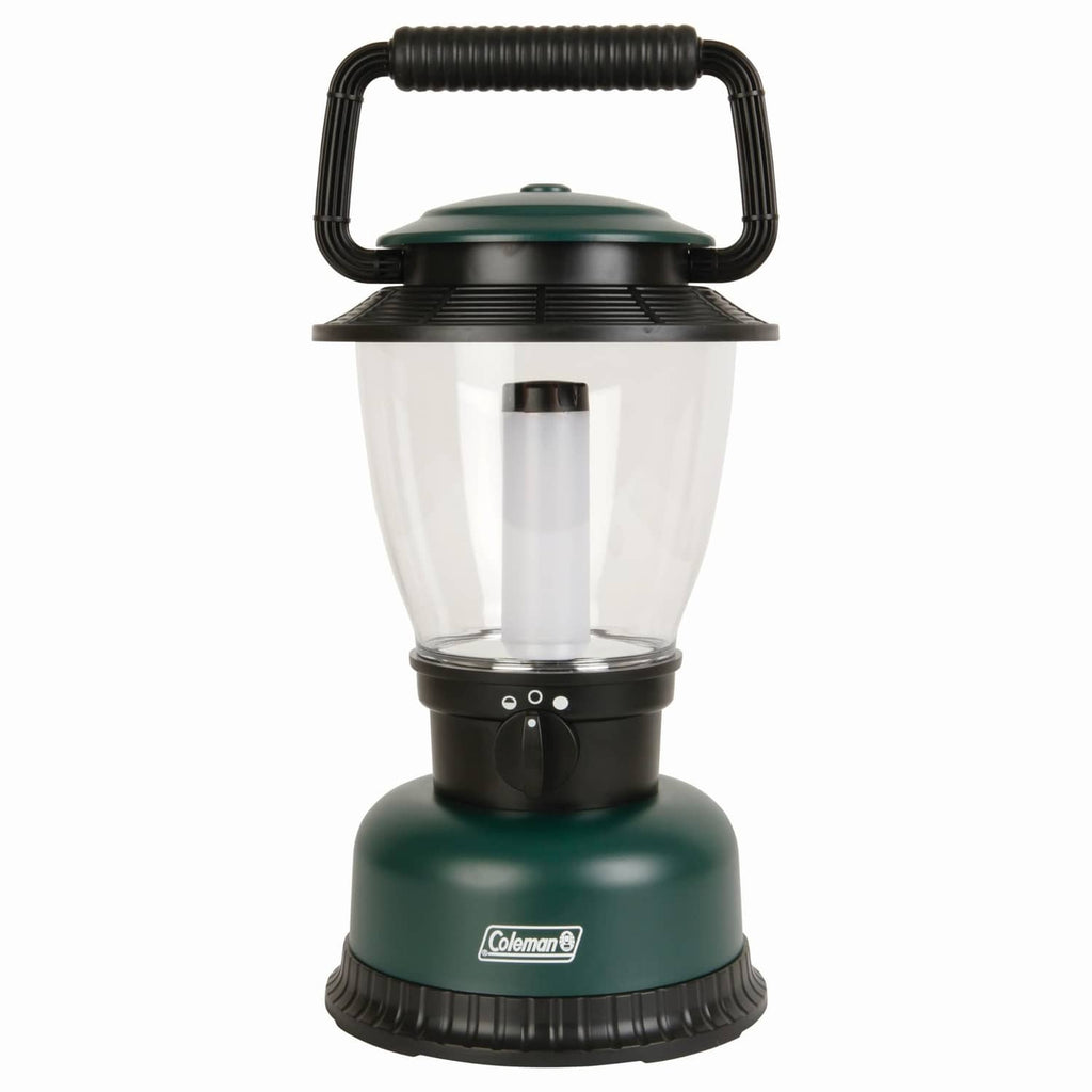 Coleman rugged XL lantern front view, green base, clear glass chimney, metal tube
