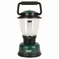 Coleman rugged XL lantern front view, green base, clear glass chimney, metal tube