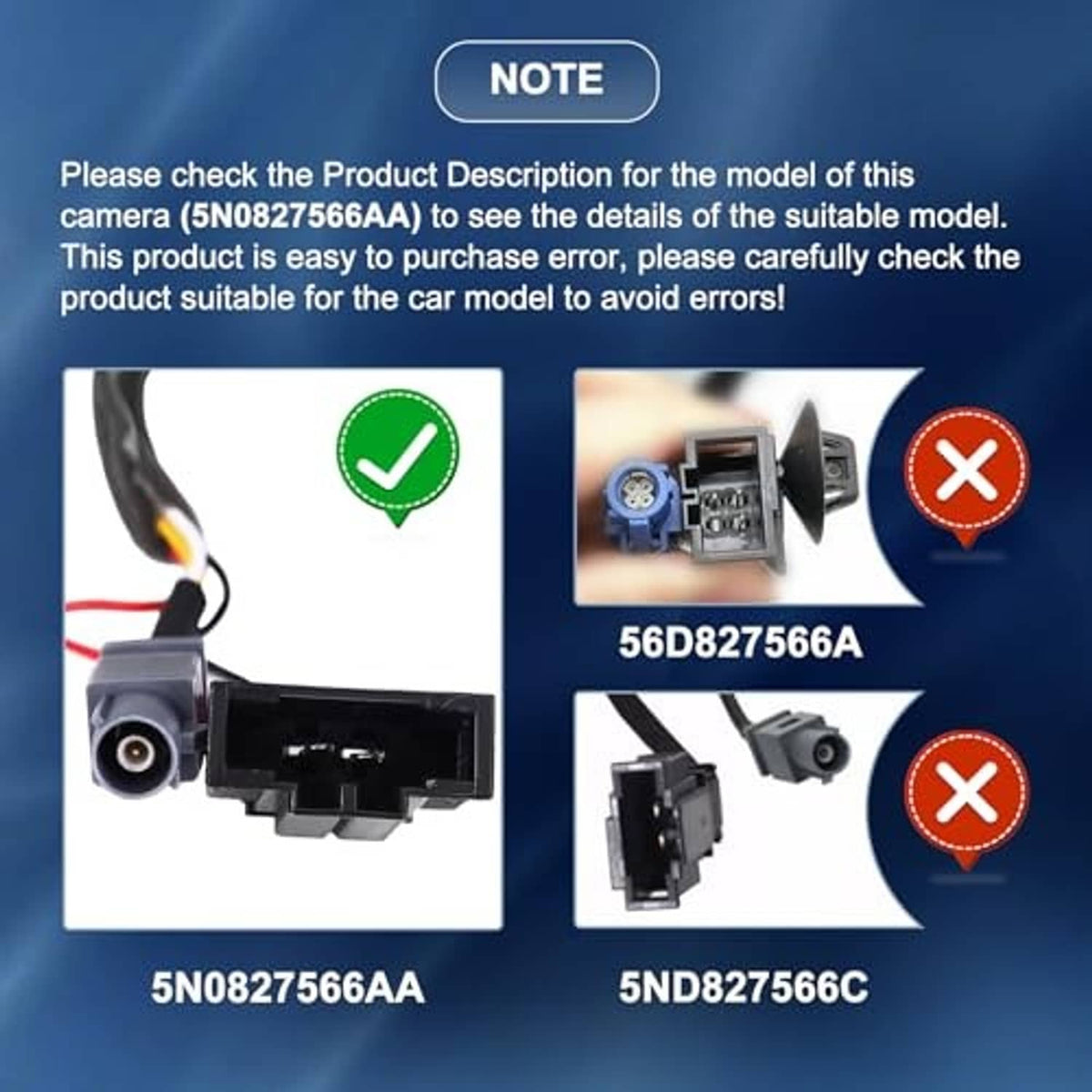 Compatibility note graphic for backup camera model number 5N0827566AA
