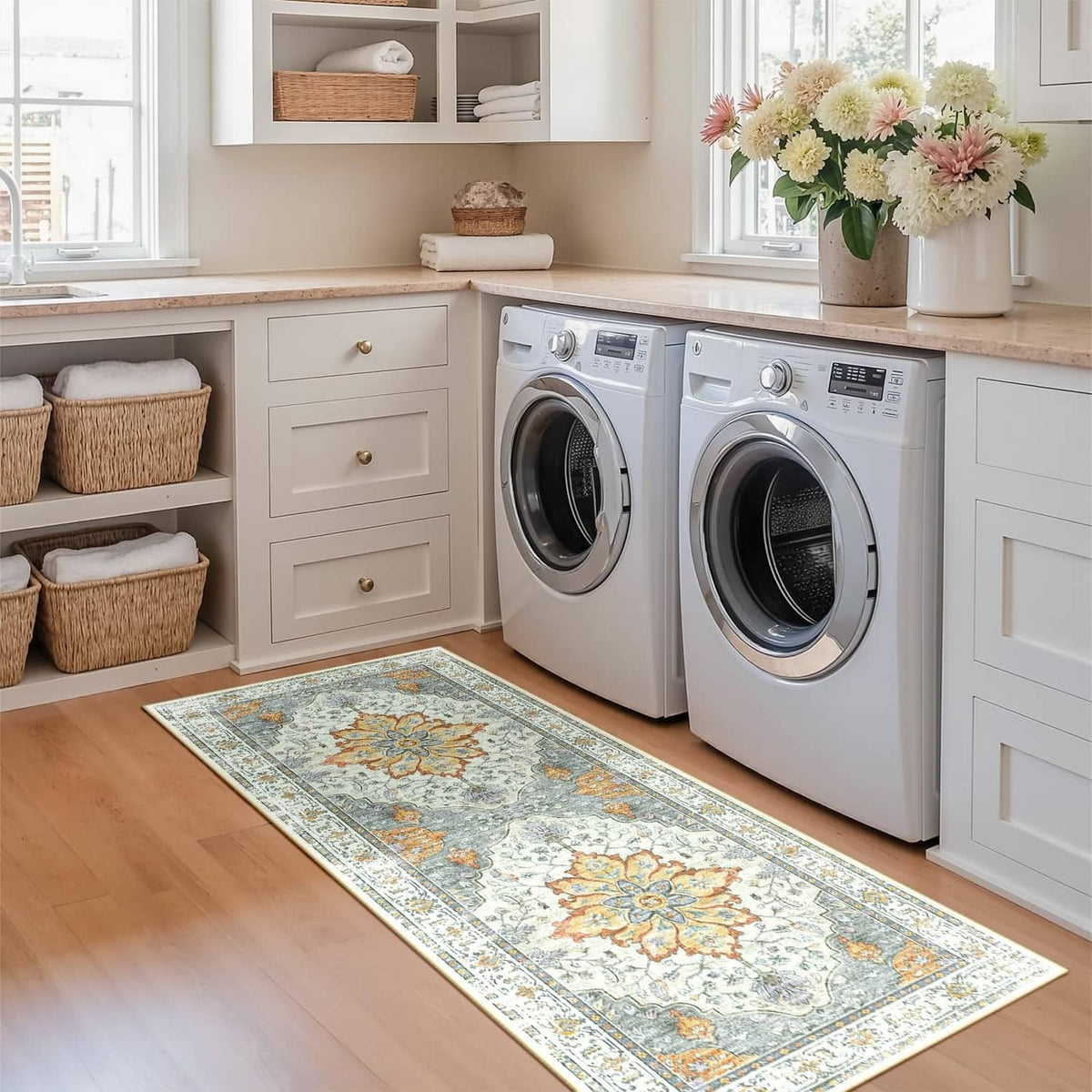 Rectangular washable area rug with light blue background and ornate beige, orange detailing