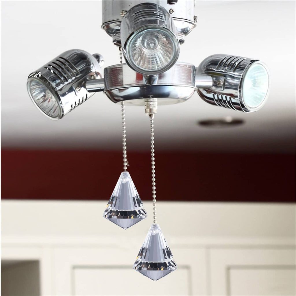Ceiling fan light pull chain ornament with faceted teardrop prisms hanging on bead chain