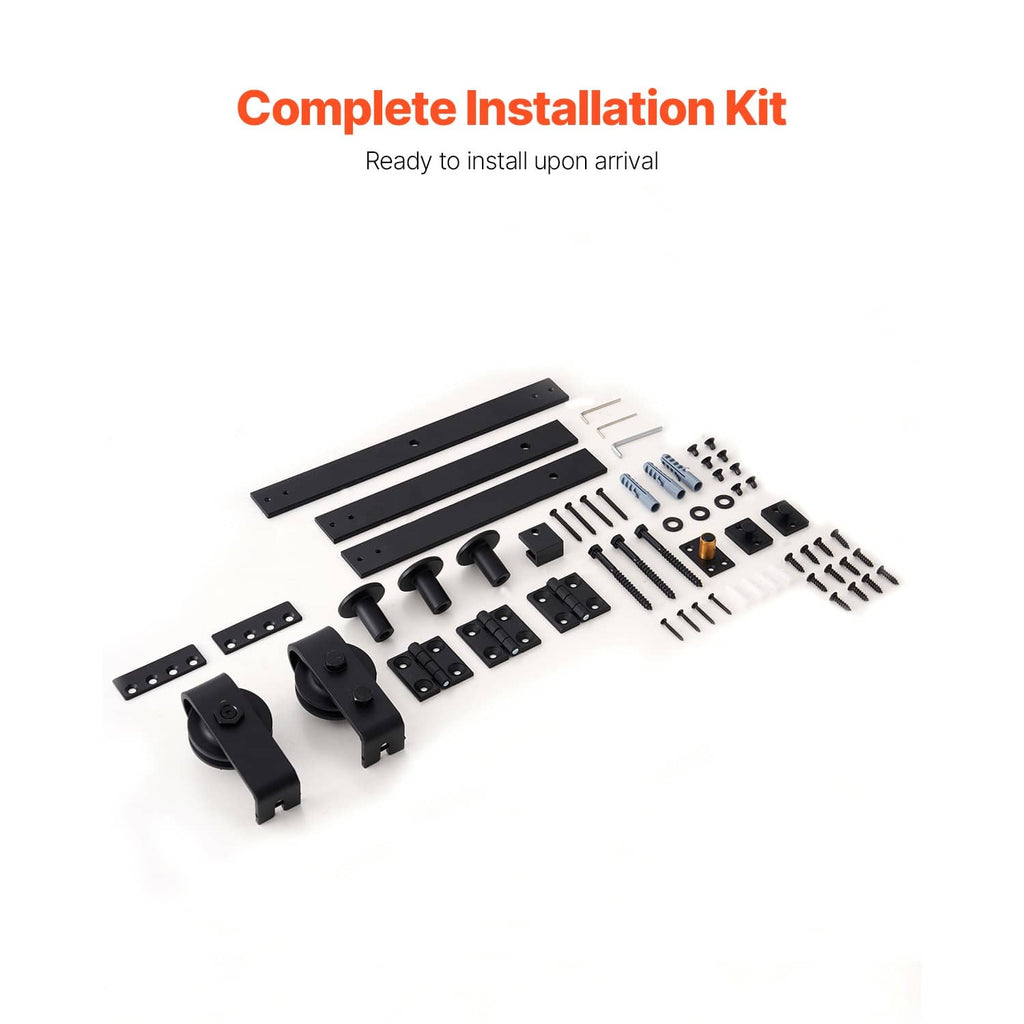 Bi-fold sliding barn door hardware installation kit with track, rollers, and screws
