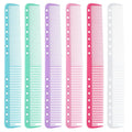 Six multicolor fine-tooth cutting combs lined up side-by-side in plastic