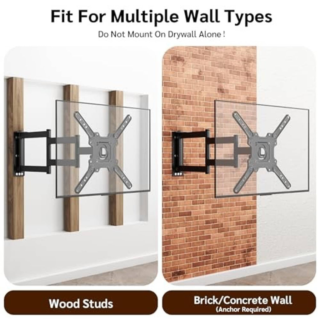 TV wall mount bracket installed on wood studs and brick/concrete wall, black