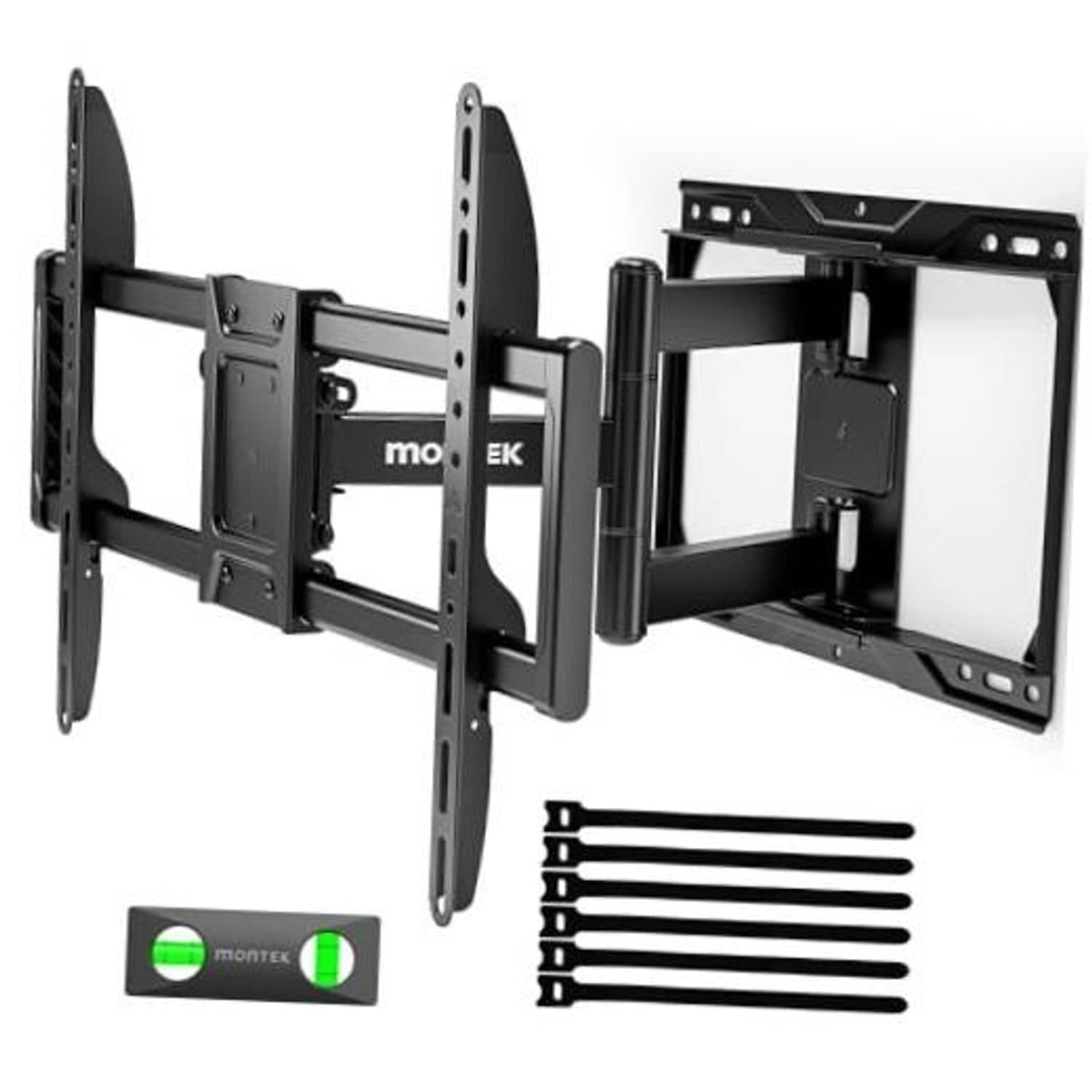 Full motion TV wall mount with dark metal arms and two vertical support plates