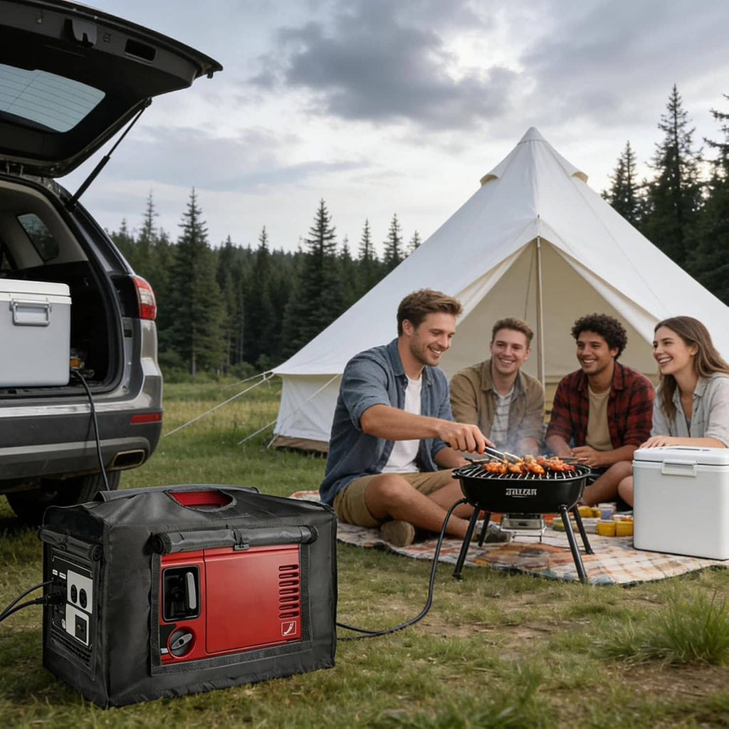Black generator cover tent on ground outdoors with red generator visible
