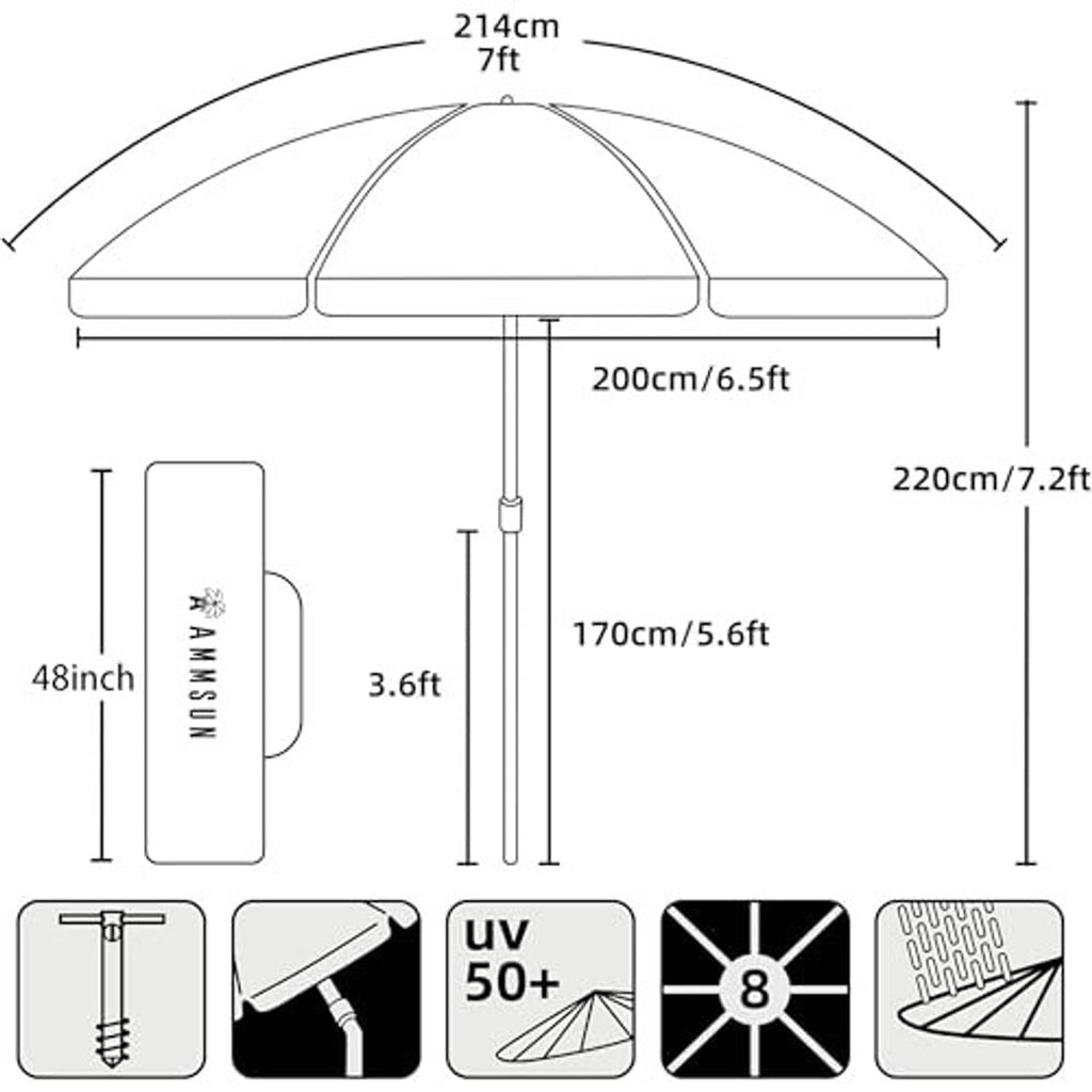 7 ft beach umbrella size chart showing canopy span and pole height
