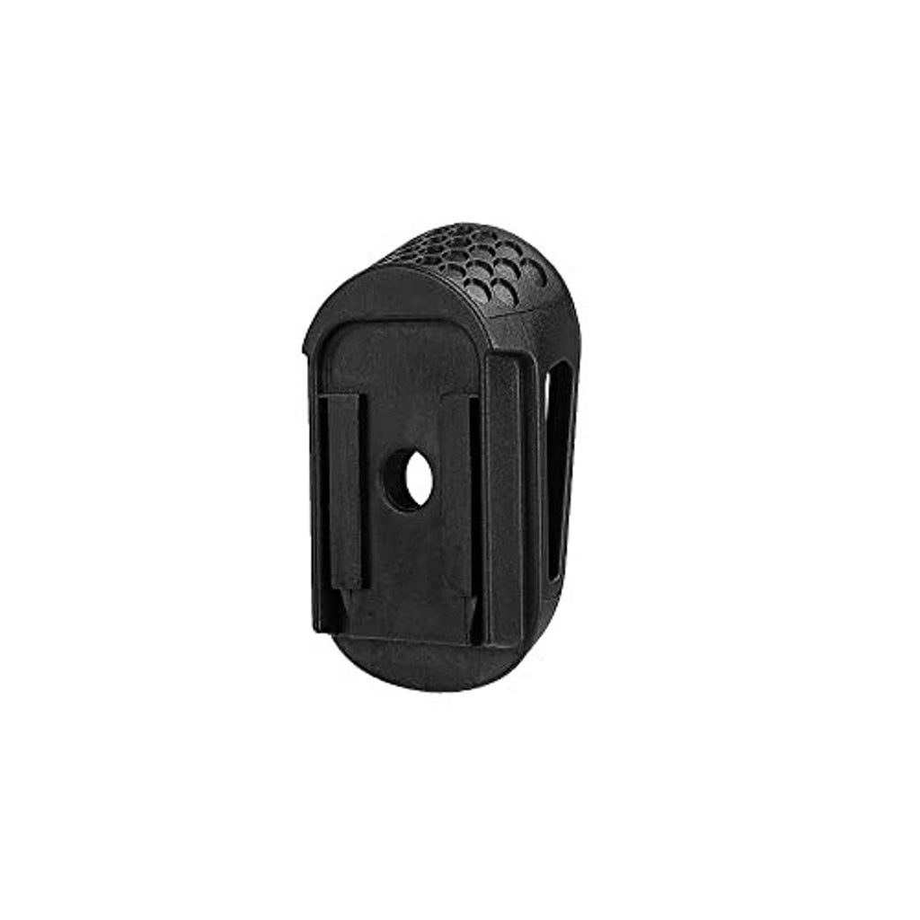 Top view of black textured pistol magazine extension grip piece with oval opening