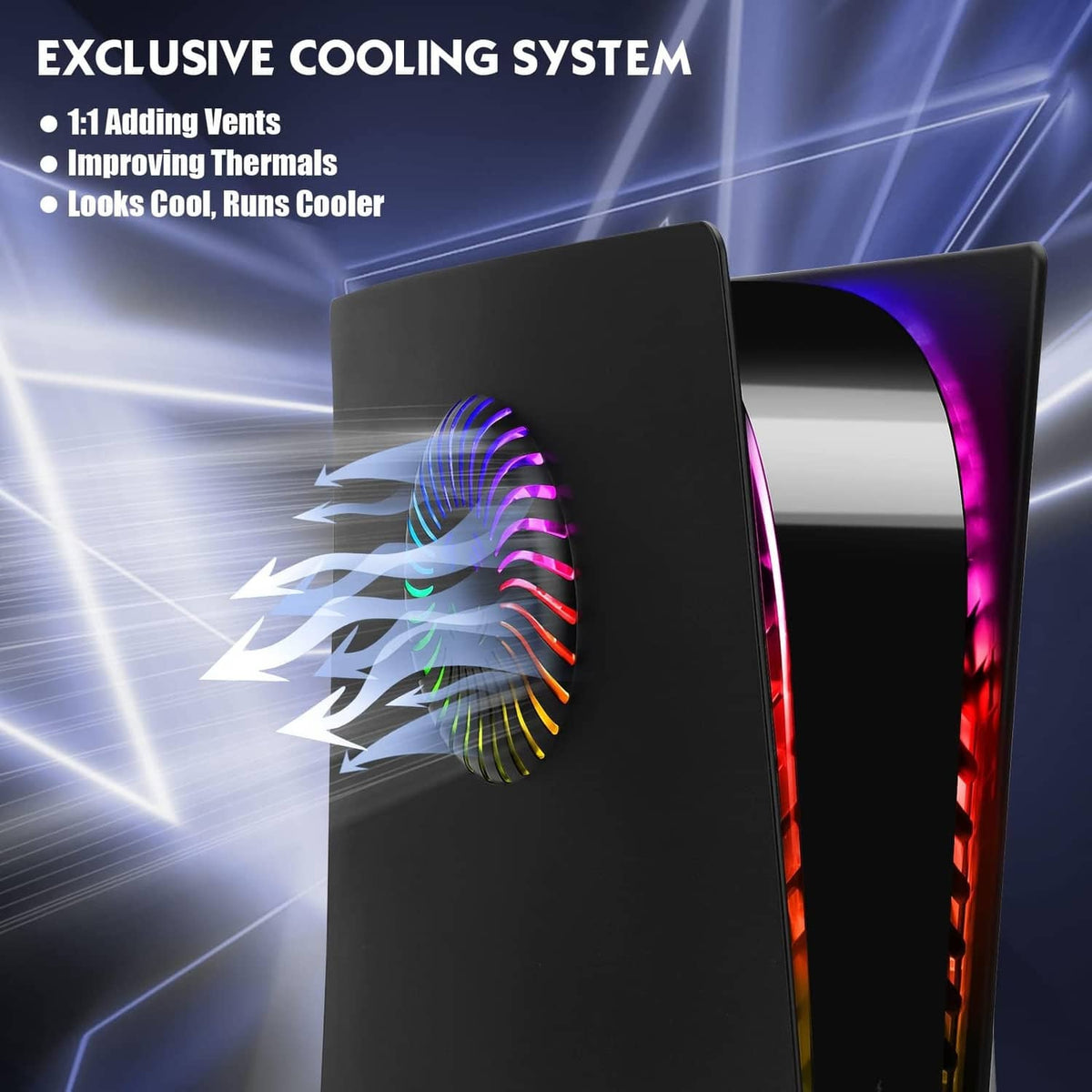 Black PS5 faceplate replacement with colorful fan airflow lines on the panel