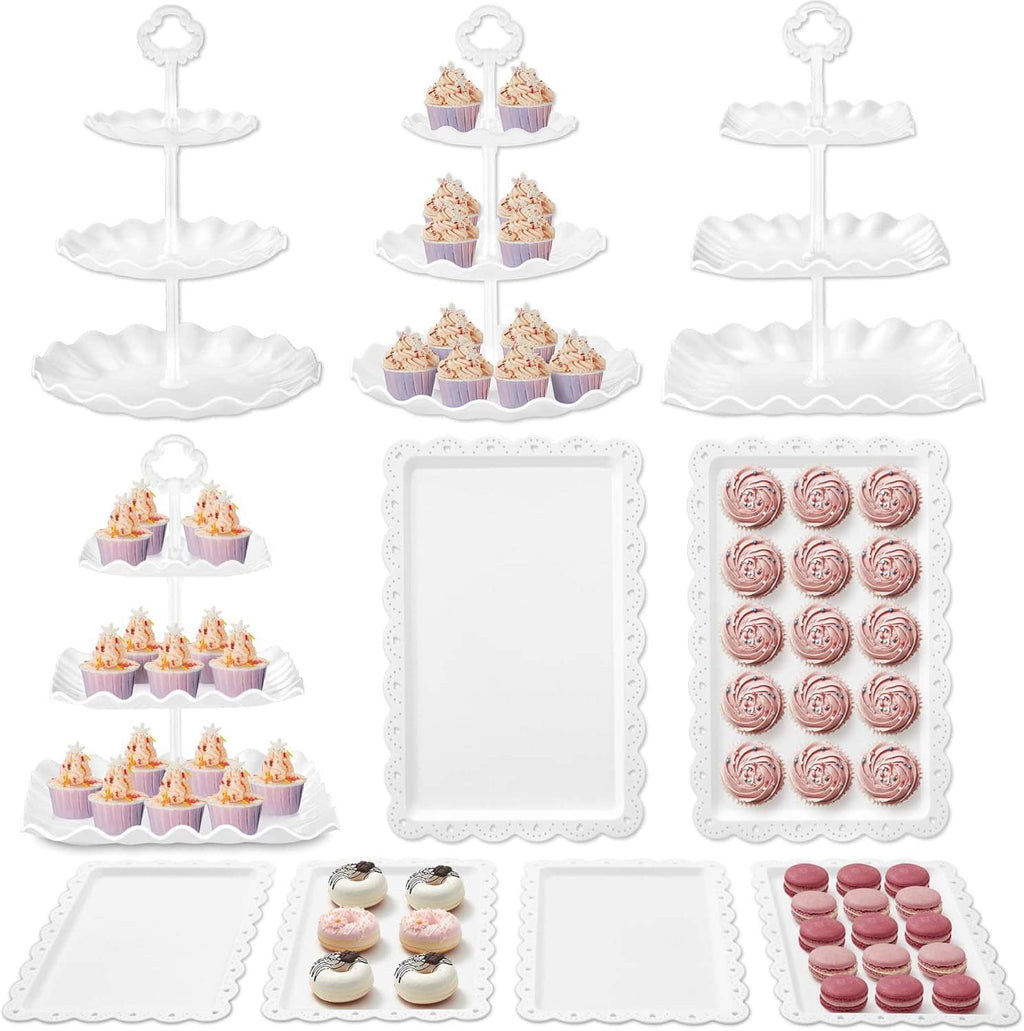 Dessert display set layout: 3-tier stand plus rectangular and square trays