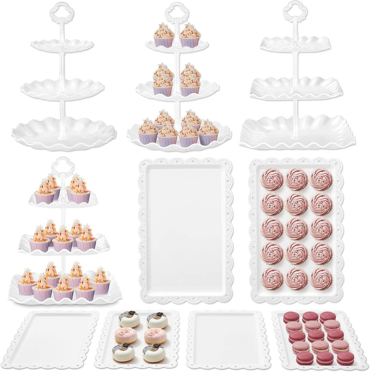 Dessert display set layout: 3-tier stand plus rectangular and square trays