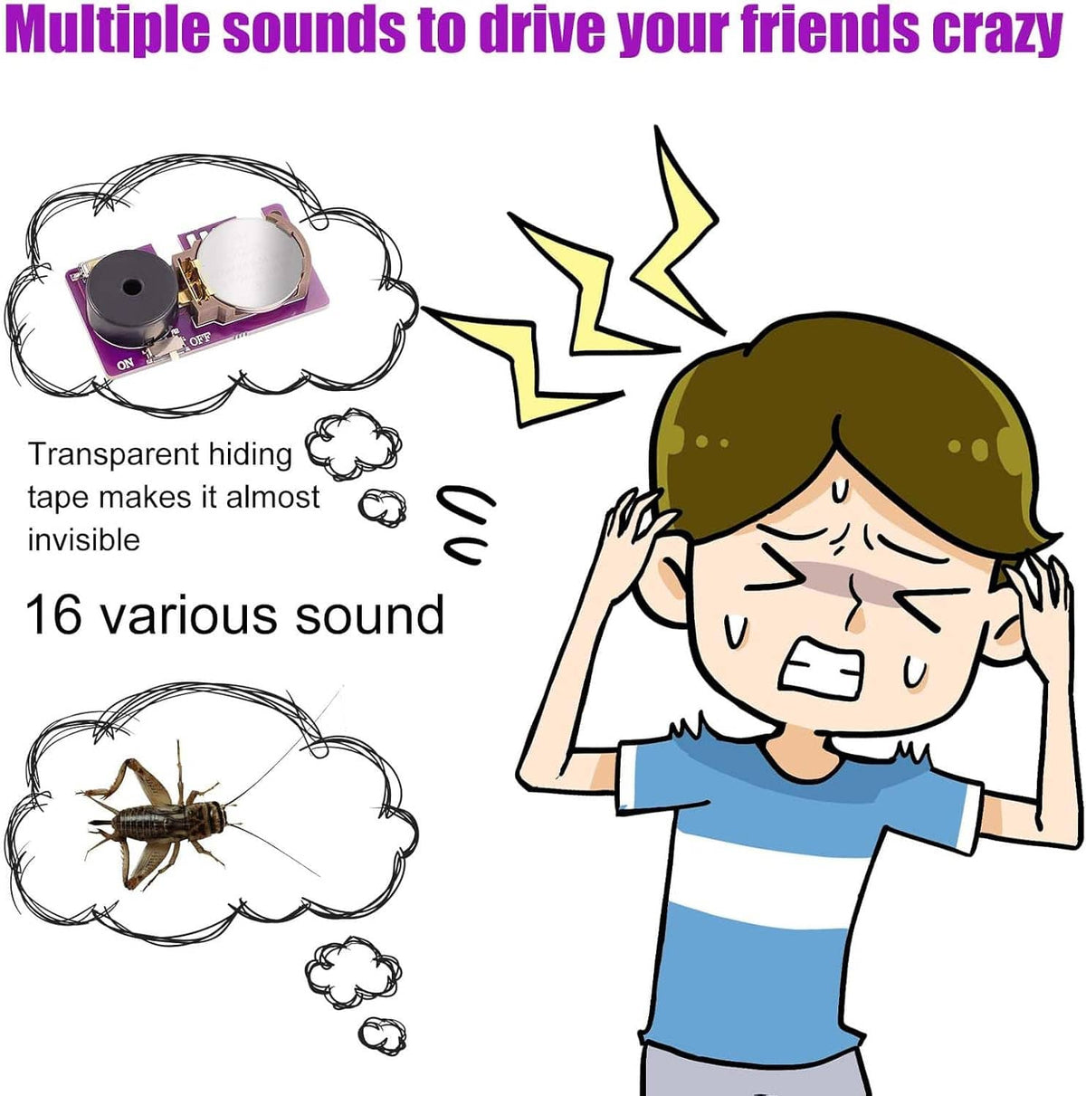 Prank cricket sound device with hidden module and wire loop for covert placement