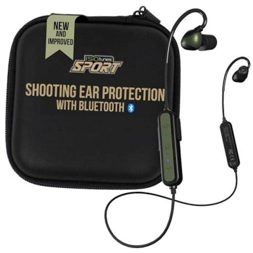 Black zip carrying case with green Bluetooth earbud unit and connected wired earbuds