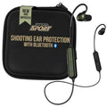 Black zip carrying case with green Bluetooth earbud unit and connected wired earbuds