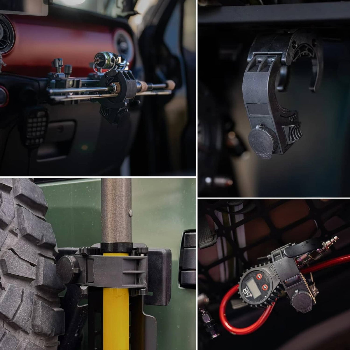 Black shovel holder rubber grip mount clamp on vehicle rack, close-up