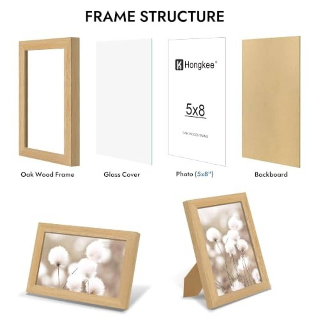 Oak picture frame components: glass cover, photo 5x8, backing board, frame