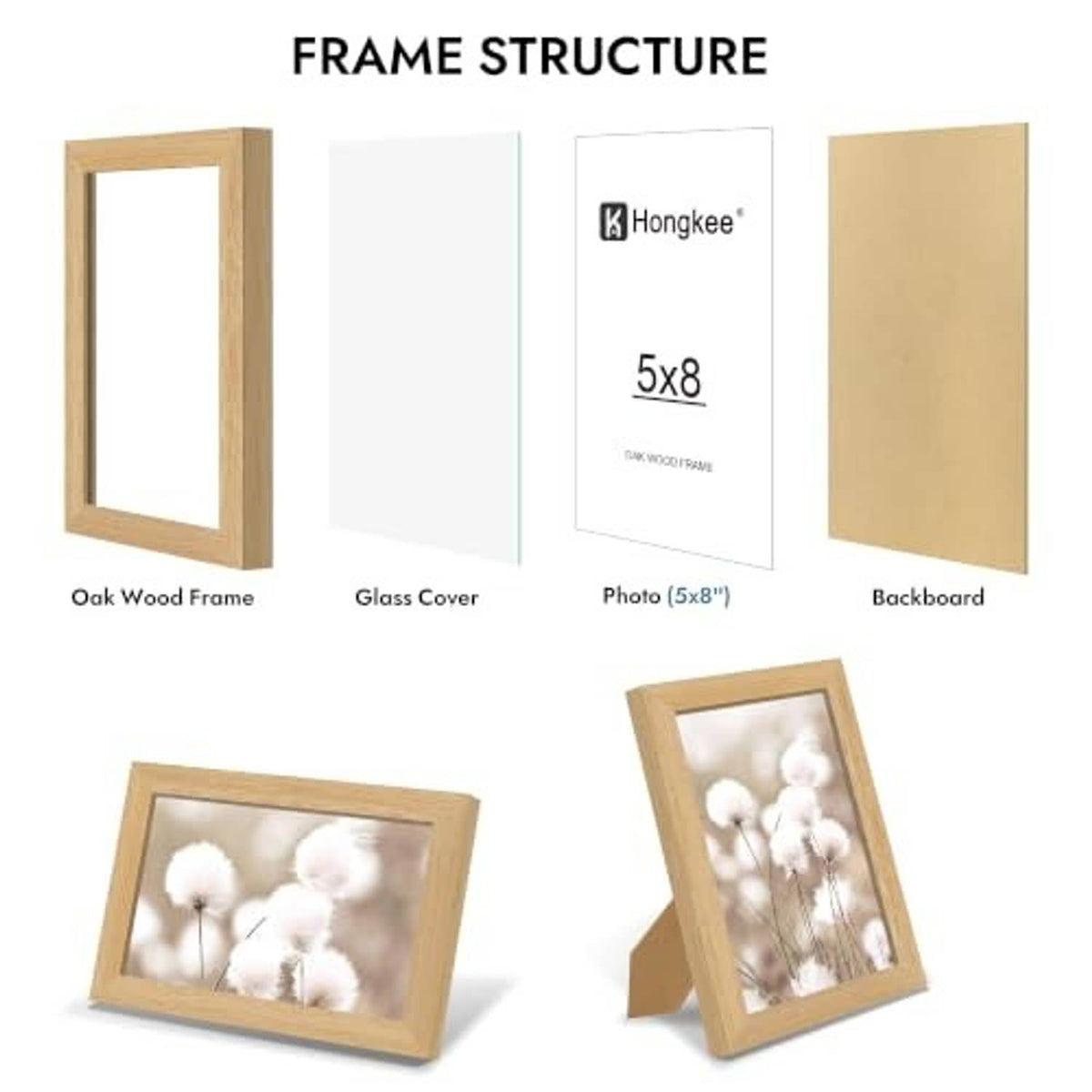 Oak picture frame components: glass cover, photo 5x8, backing board, frame
