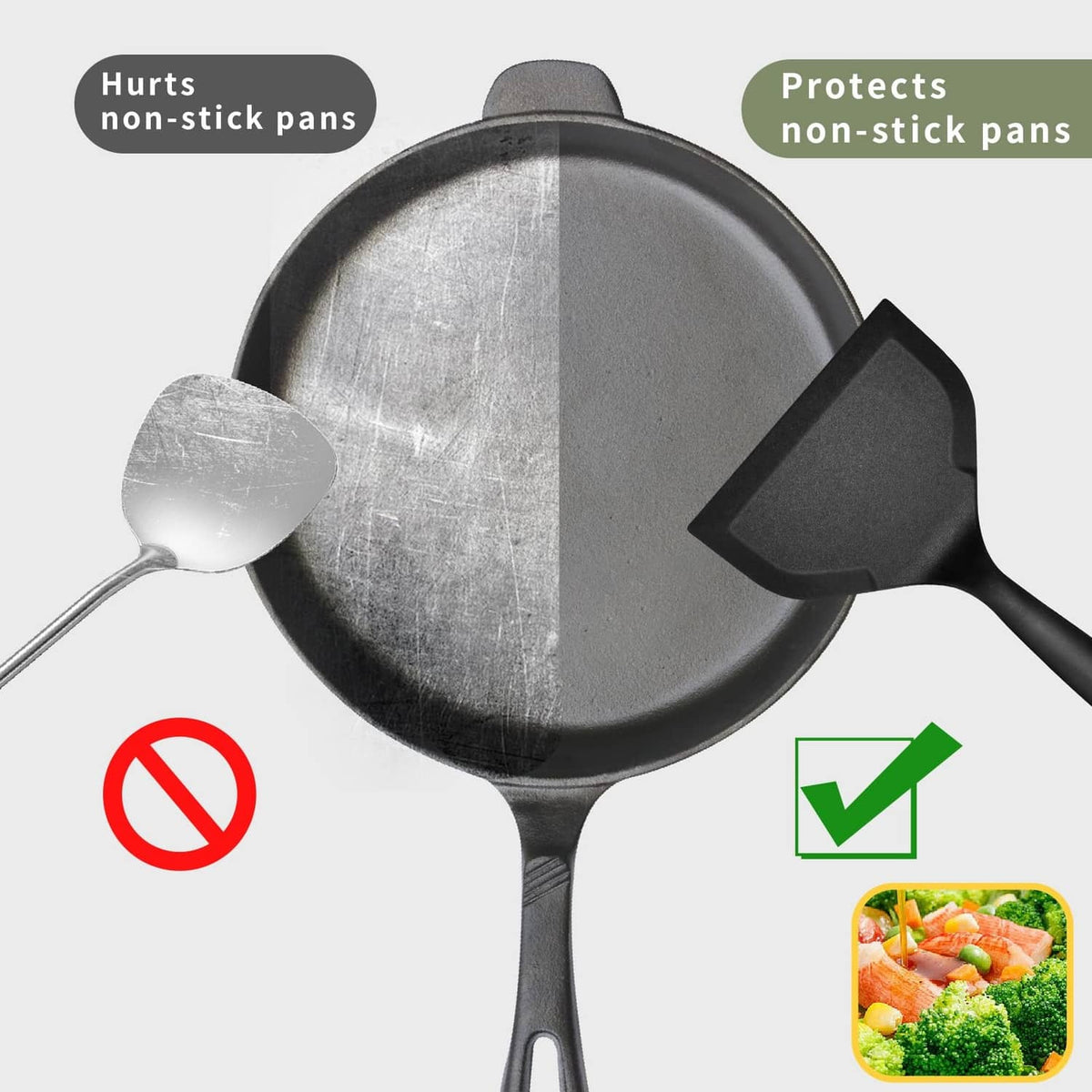 Black silicone spatula with wide head for protecting nonstick pan surface