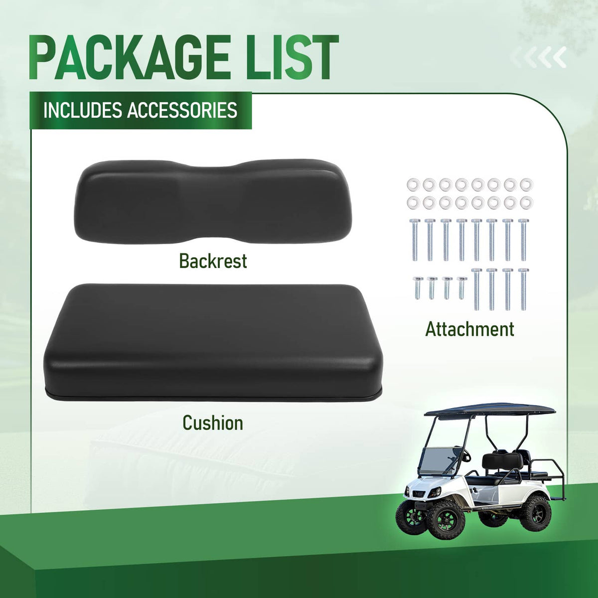 Black backrest and cushion set with mounting hardware for golf cart