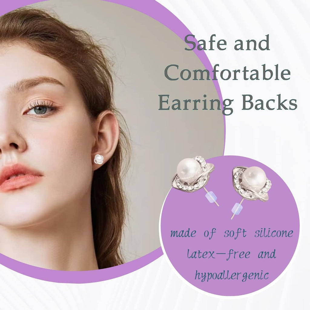 Clear silicone earring backs on stud earrings, visible on ear close-up