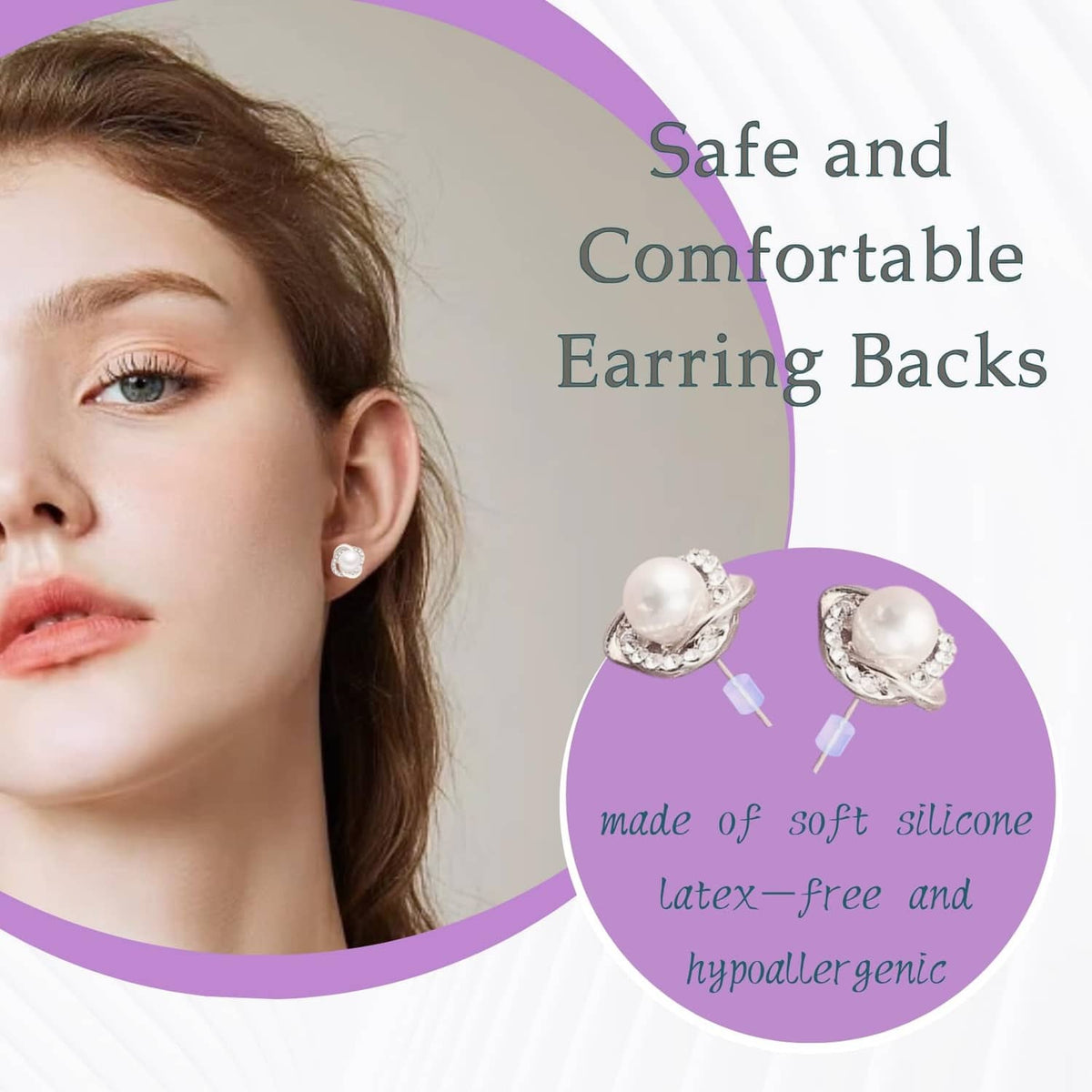 Clear silicone earring backs on stud earrings, visible on ear close-up