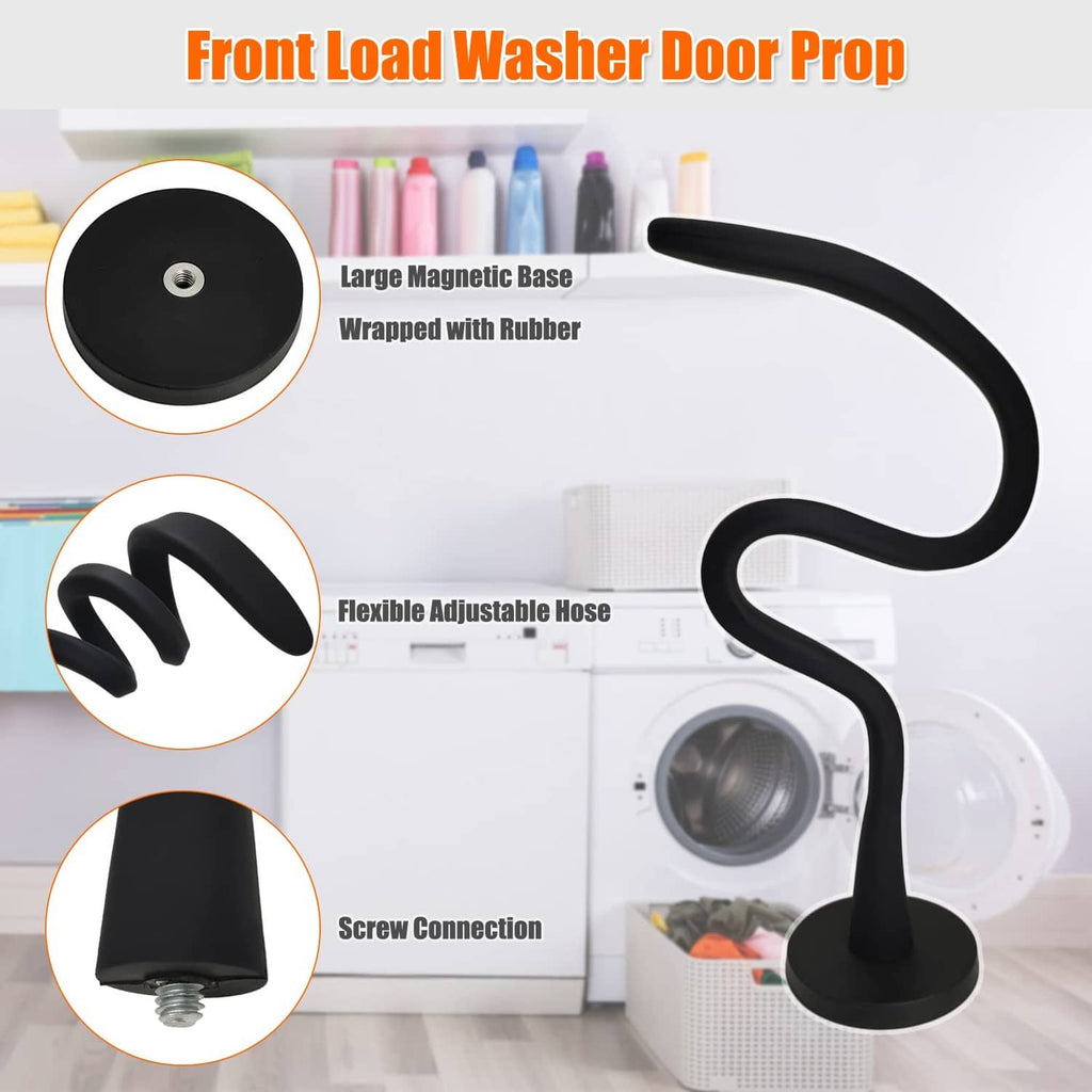 Black front-load washer door prop with flexible curved handle and 2.6-inch magnet base