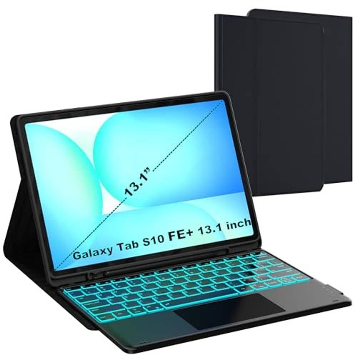 Black tablet keyboard case with turquoise backlit keys and rear protective cover