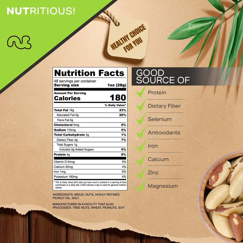 Roasted salted Brazil nuts nutrition facts panel on pouch