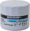 Marine oil filter, light gray canister with QuickSilver label and oil filter graphics