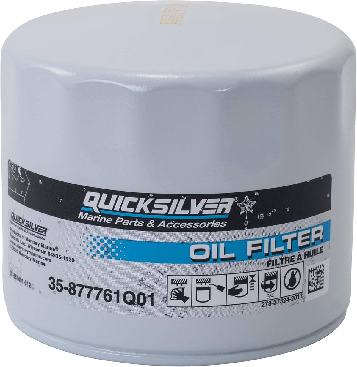 Marine oil filter, light gray canister with QuickSilver label and oil filter graphics