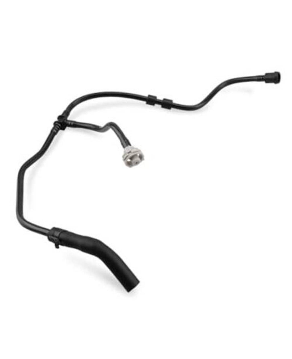 Black radiator coolant reservoir hose with metal connector and molded bends