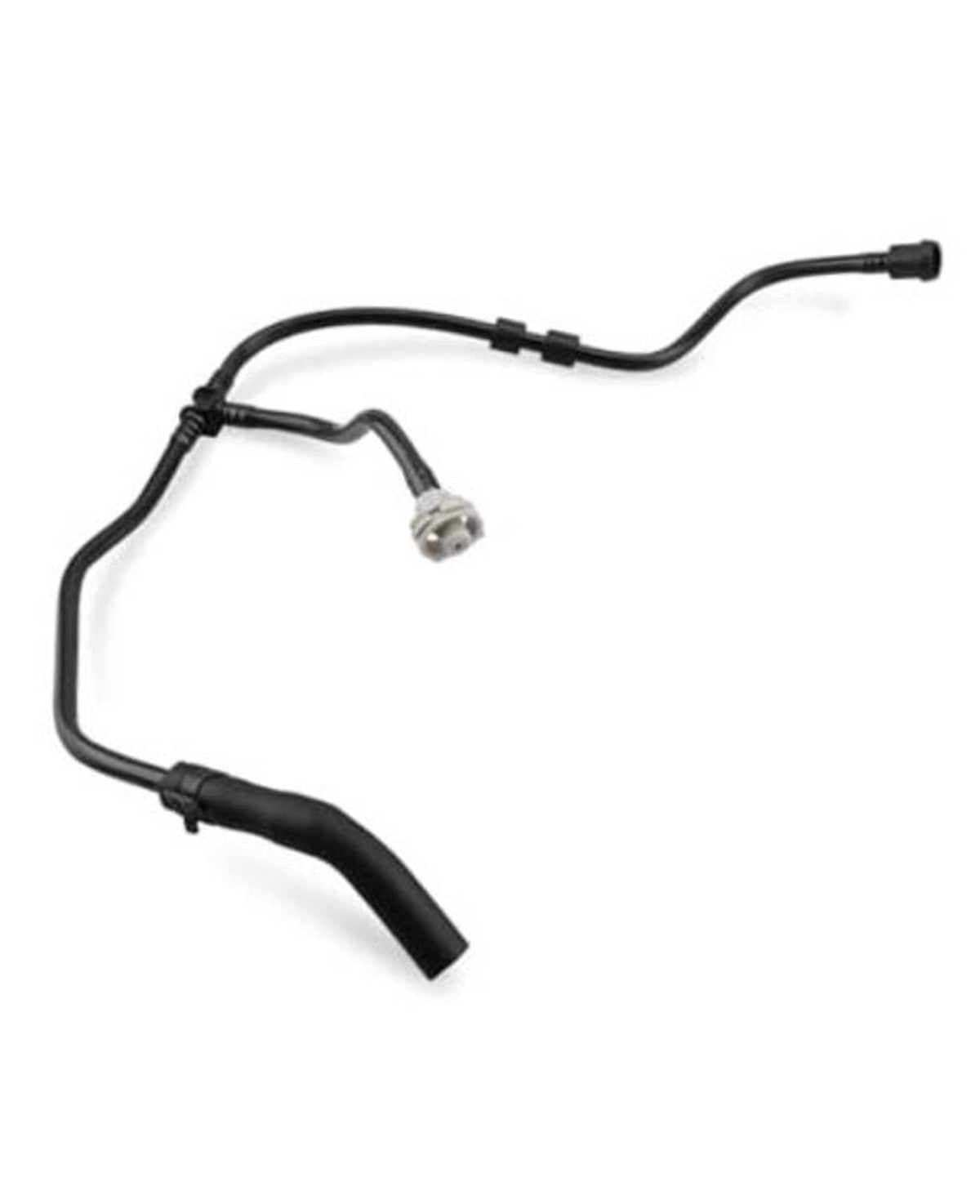 Black radiator coolant reservoir hose with metal connector and molded bends