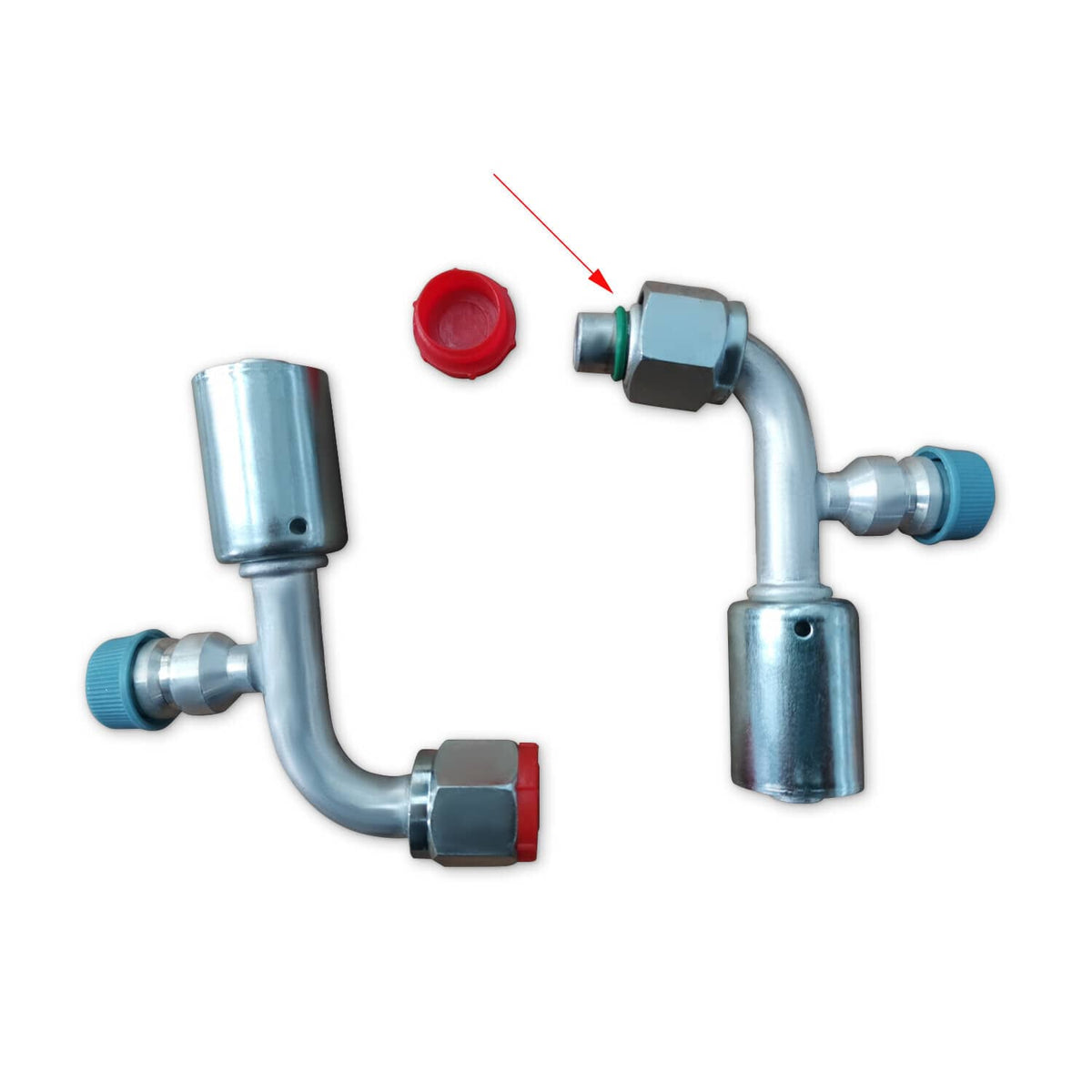 L-shaped A/C service fittings with O-ring hex fittings and blue/red protective caps