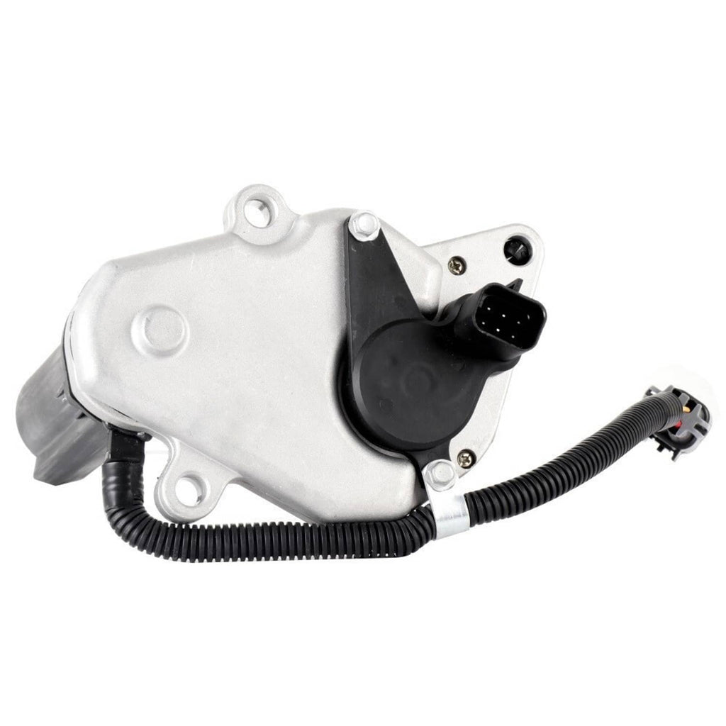 Transfer case shift motor with wiring harness and electrical connector, silver and black